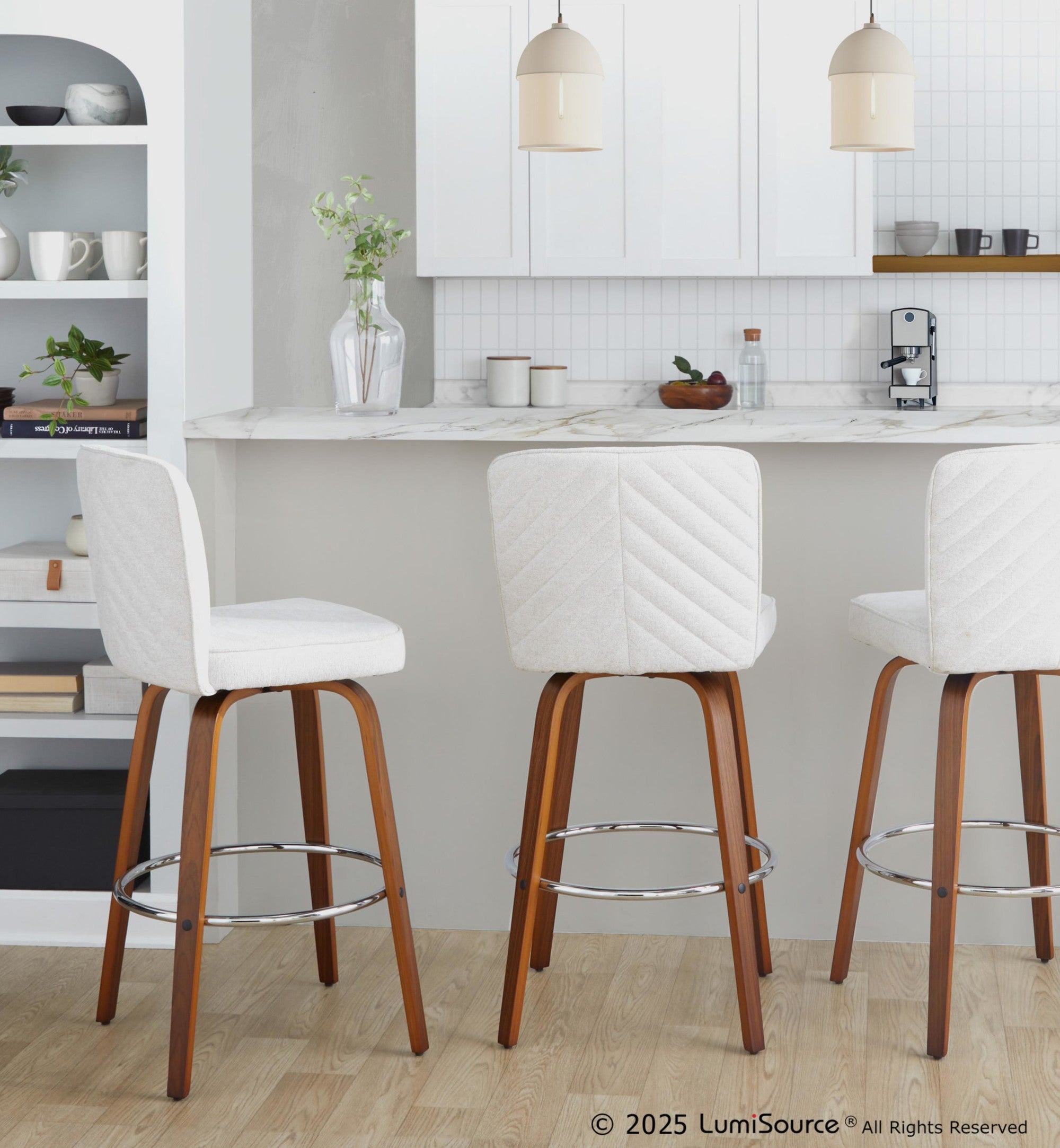 Henry 30" Fixed-Height Xl Barstool - Set of 2 - Walnut Wood, White Fabric, Chrome Metal