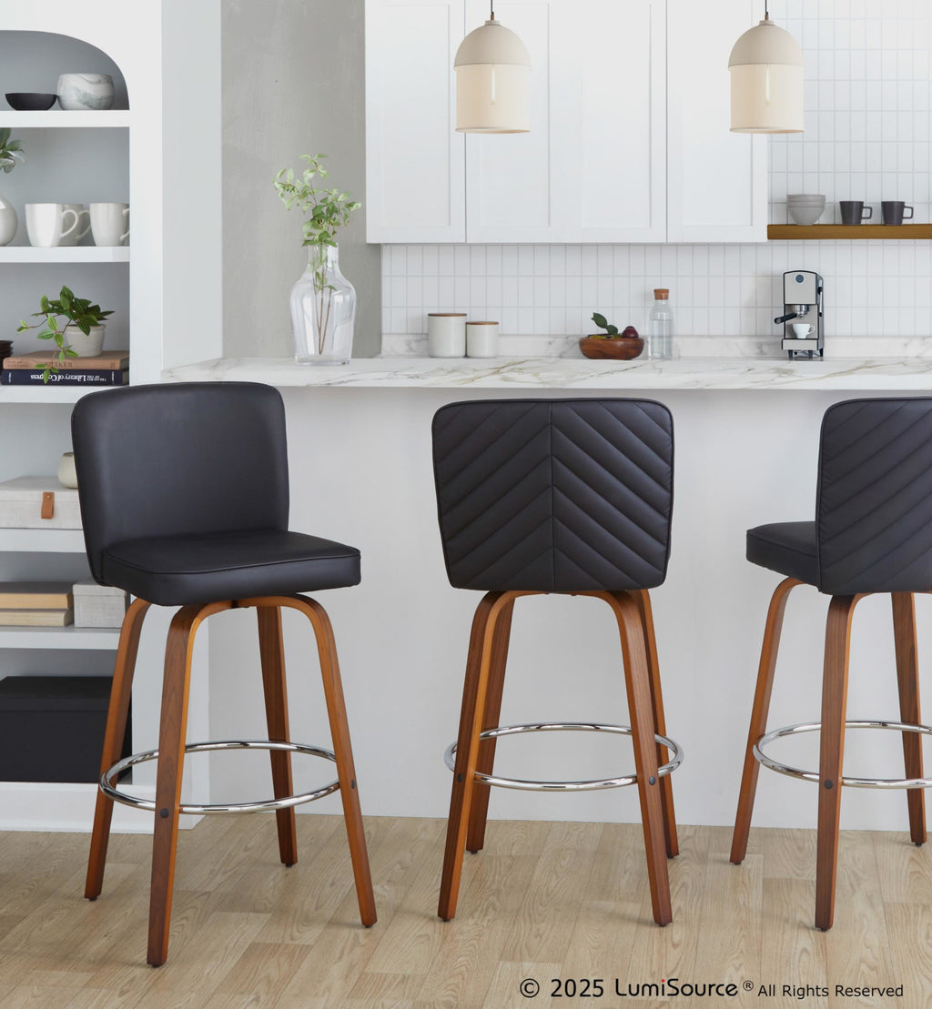 Henry 30" Fixed-Height Xl Barstool - Set of 2 - Walnut Wood, Black PU, Chrome Metal