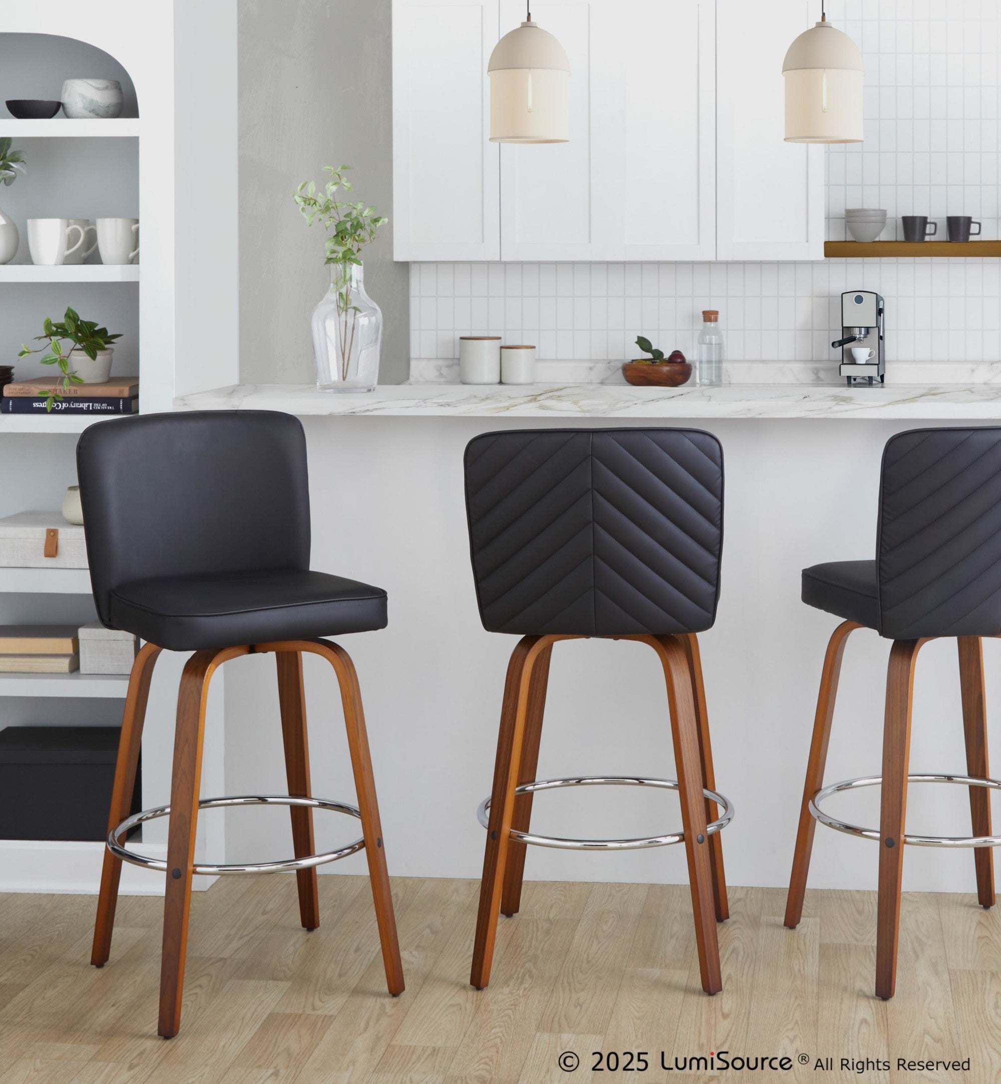 Henry 30" Fixed-Height Xl Barstool - Set of 2 - Walnut Wood, Black PU, Chrome Metal
