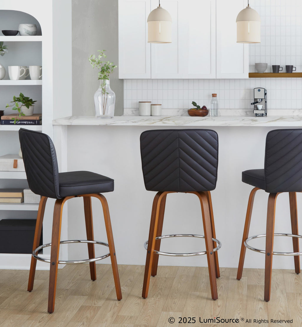 Henry 30" Fixed-Height Xl Barstool - Set of 2 - Walnut Wood, Black PU, Chrome Metal