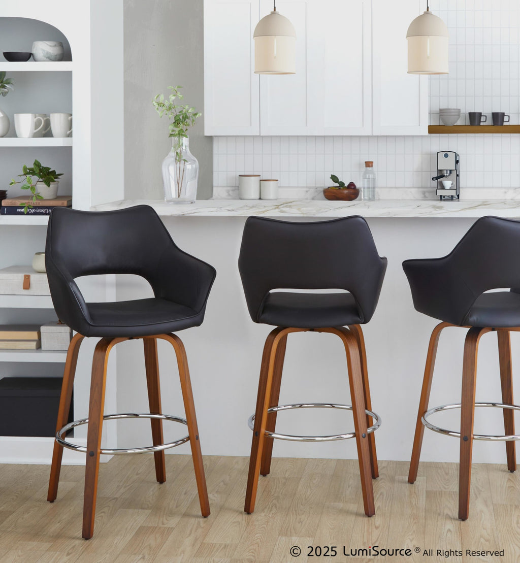 Mustang 30" Fixed-Height Xl Barstool - Set of 2 - Walnut Wood, Black PU, Chrome Metal