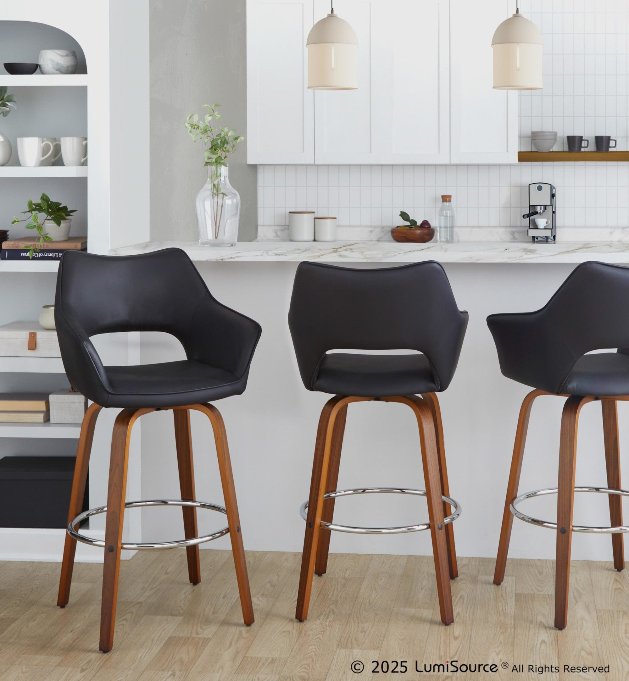 Mustang 30" Fixed-Height Xl Barstool - Set of 2 - Walnut Wood, Black PU, Chrome Metal