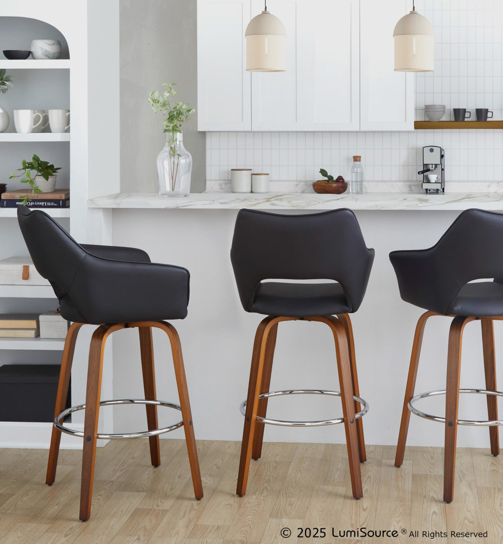 Mustang 30" Fixed-Height Xl Barstool - Set of 2 - Walnut Wood, Black PU, Chrome Metal
