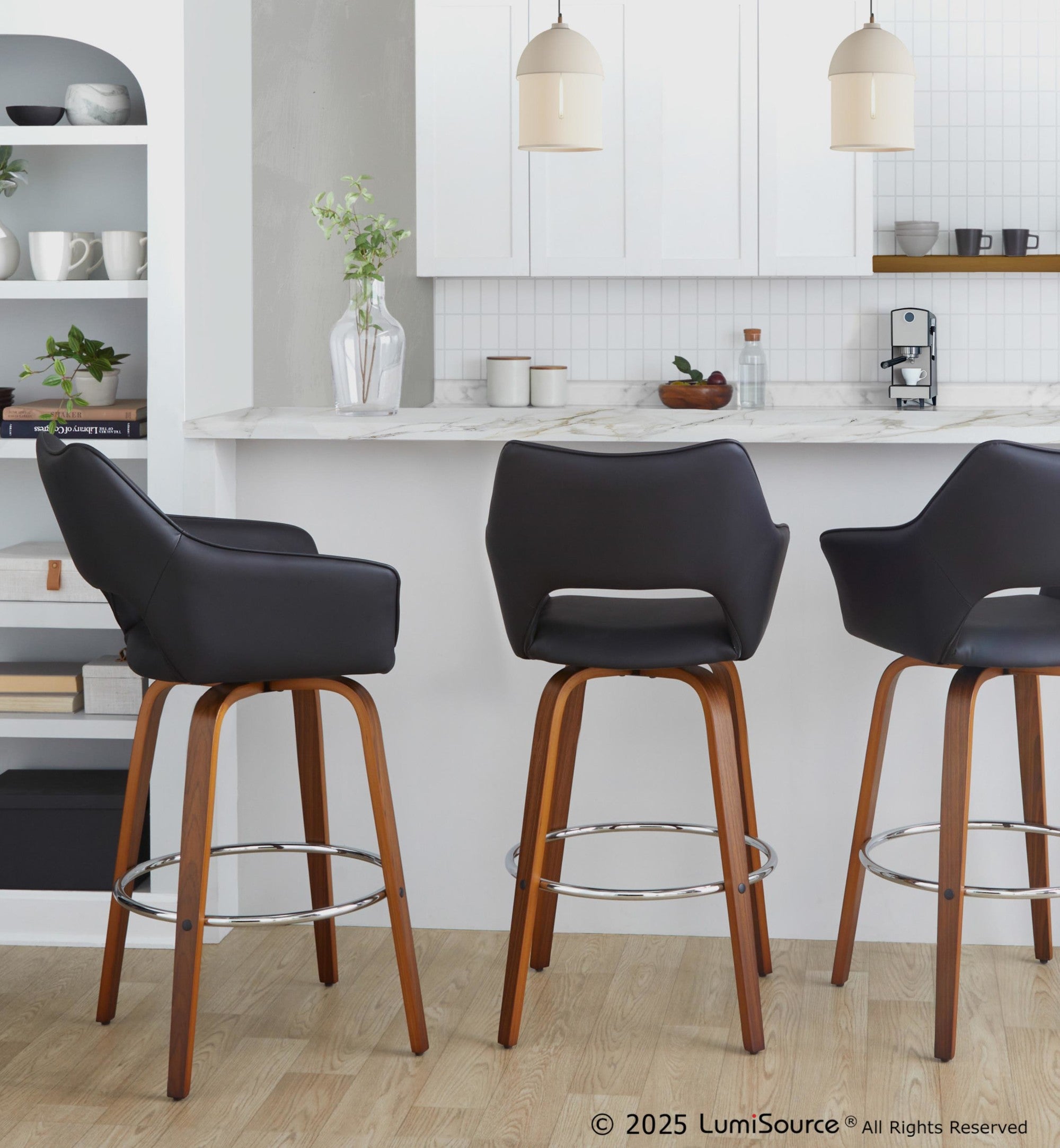 Mustang 30" Fixed-Height Xl Barstool - Set of 2 - Walnut Wood, Black PU, Chrome Metal