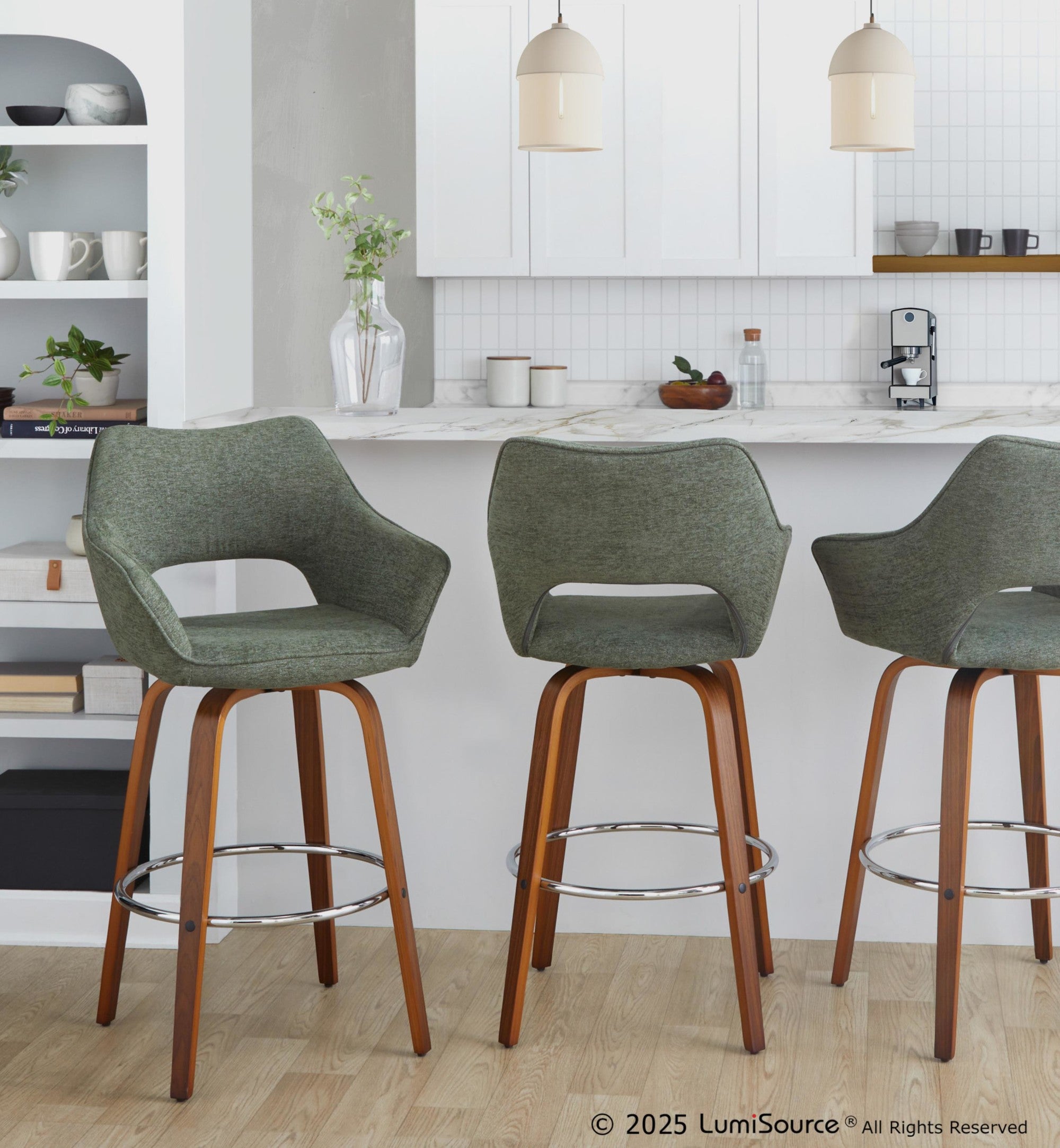 Mustang 30" Fixed-Height Xl Barstool - Set of 2 - Walnut Wood, Green Fabric, Chrome Metal