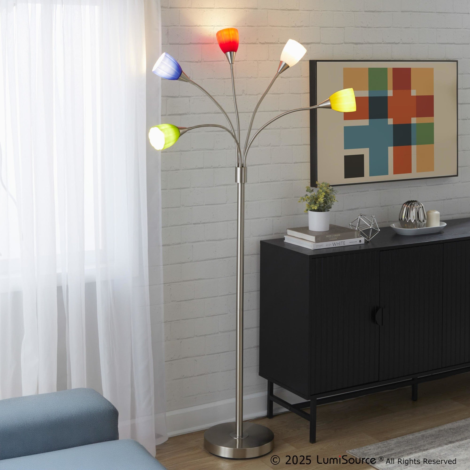 Medusa®  71" Metal Floor Lamp 5 Arm - Brushed Nickel Finish, Multi-colored Glass