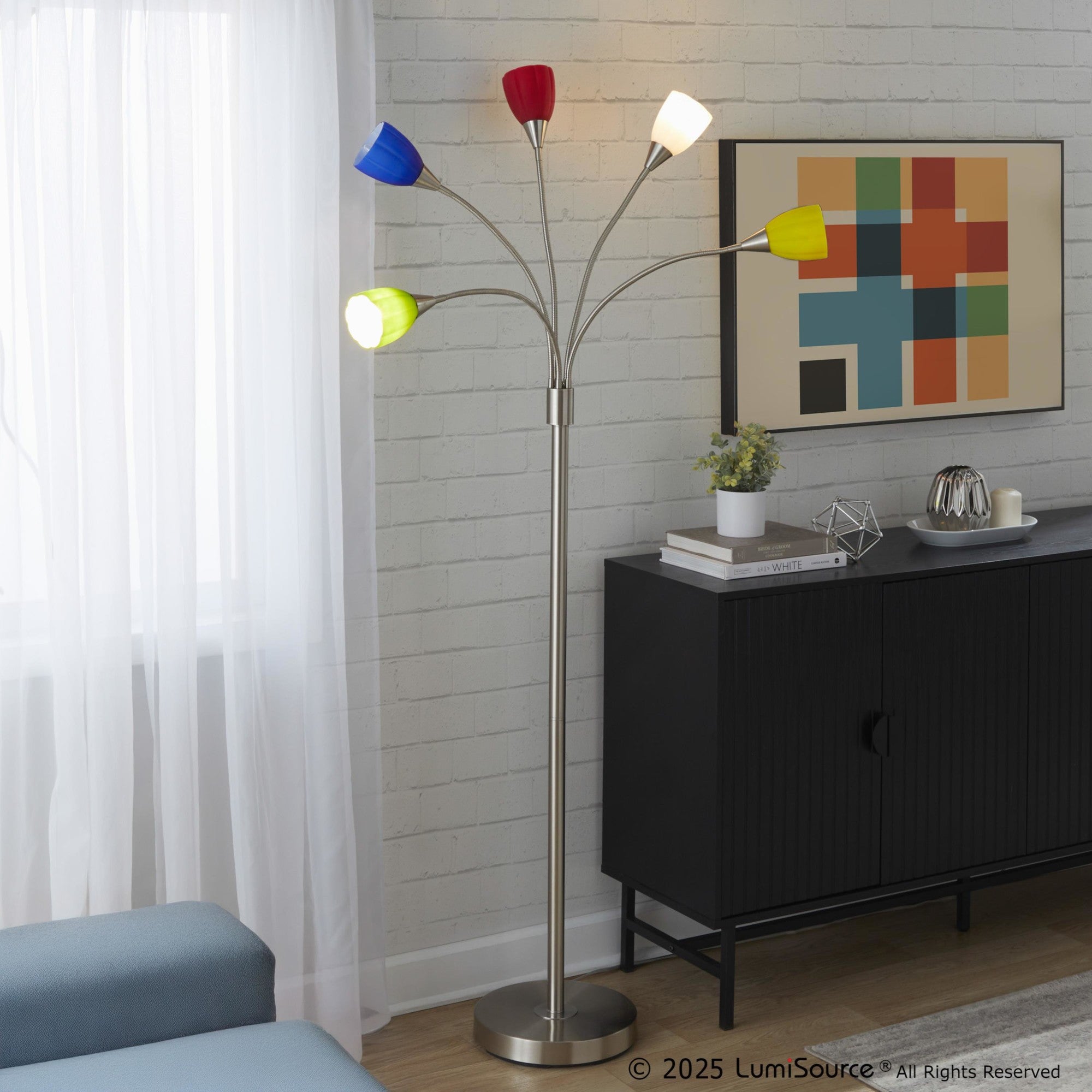 Medusa®  71" Metal Floor Lamp 5 Arm - Brushed Nickel Finish, Multi-colored Glass