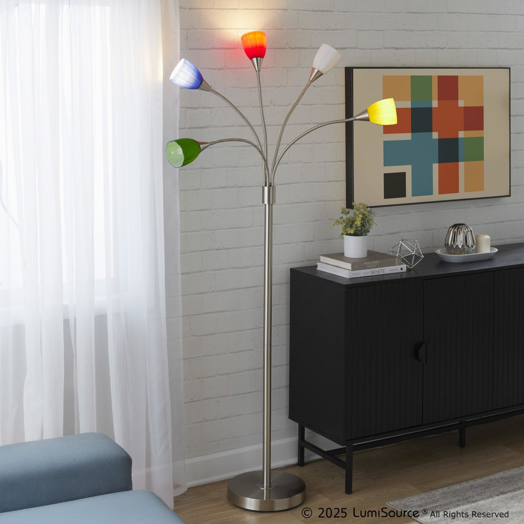 Medusa®  71" Metal Floor Lamp 5 Arm - Brushed Nickel Finish, Multi-colored Glass