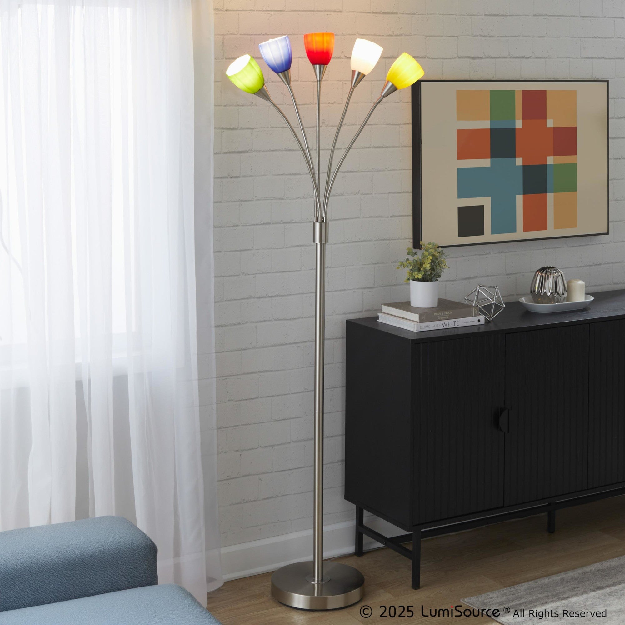 Medusa®  71" Metal Floor Lamp 5 Arm - Brushed Nickel Finish, Multi-colored Glass