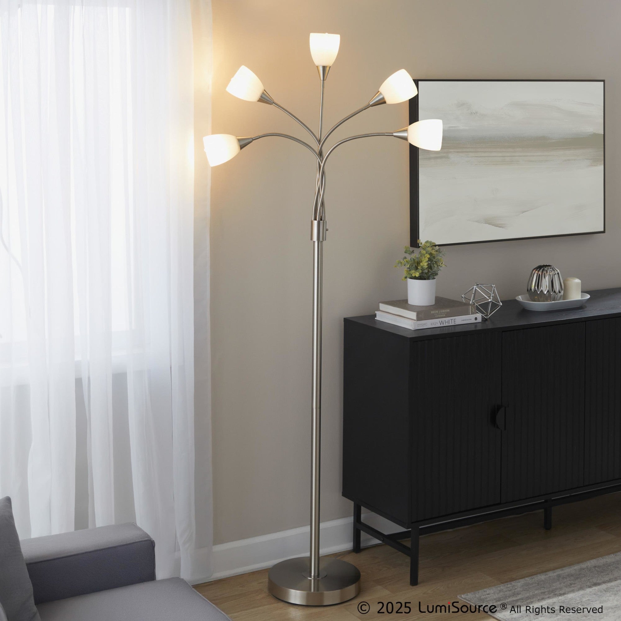 Medusa®  71" Metal Floor Lamp 5 Arm - Brushed Nickel Finish, White Glass