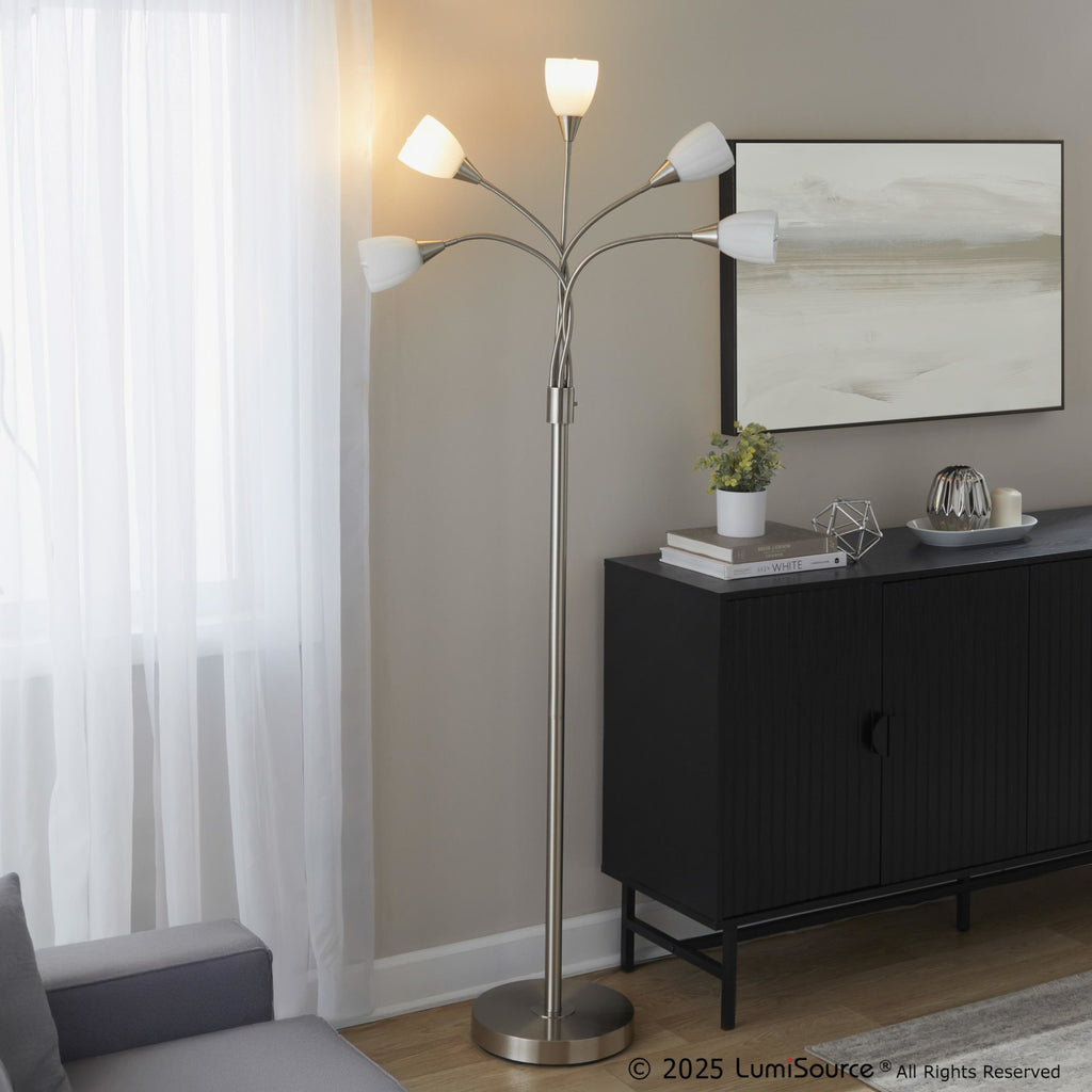 Medusa®  71" Metal Floor Lamp 5 Arm - Brushed Nickel Finish, White Glass