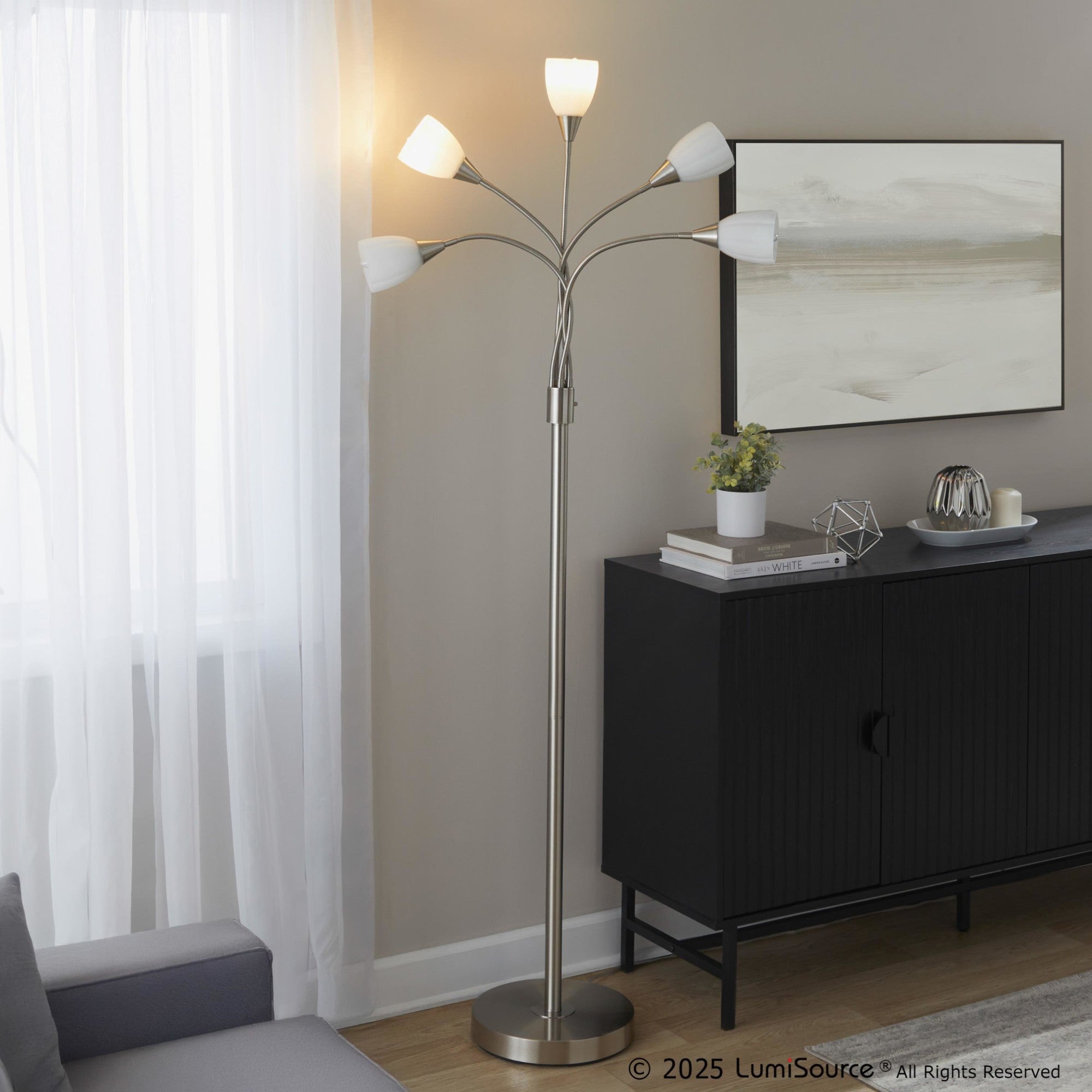 Medusa®  71" Metal Floor Lamp 5 Arm - Brushed Nickel Finish, White Glass