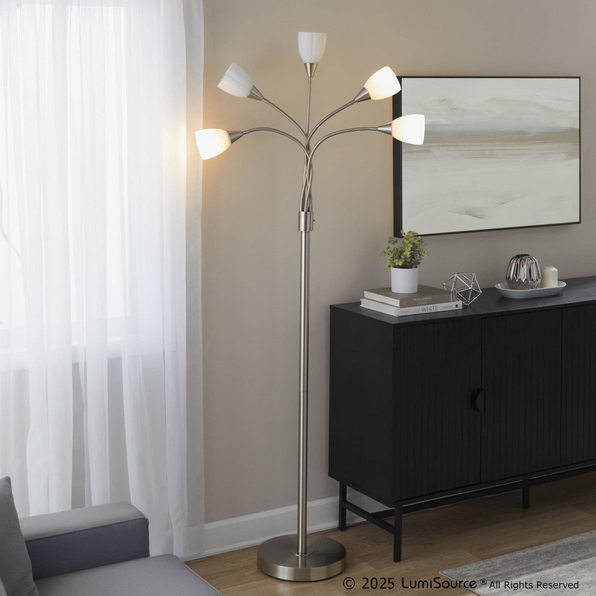 Medusa®  71" Metal Floor Lamp 5 Arm - Brushed Nickel Finish, White Glass