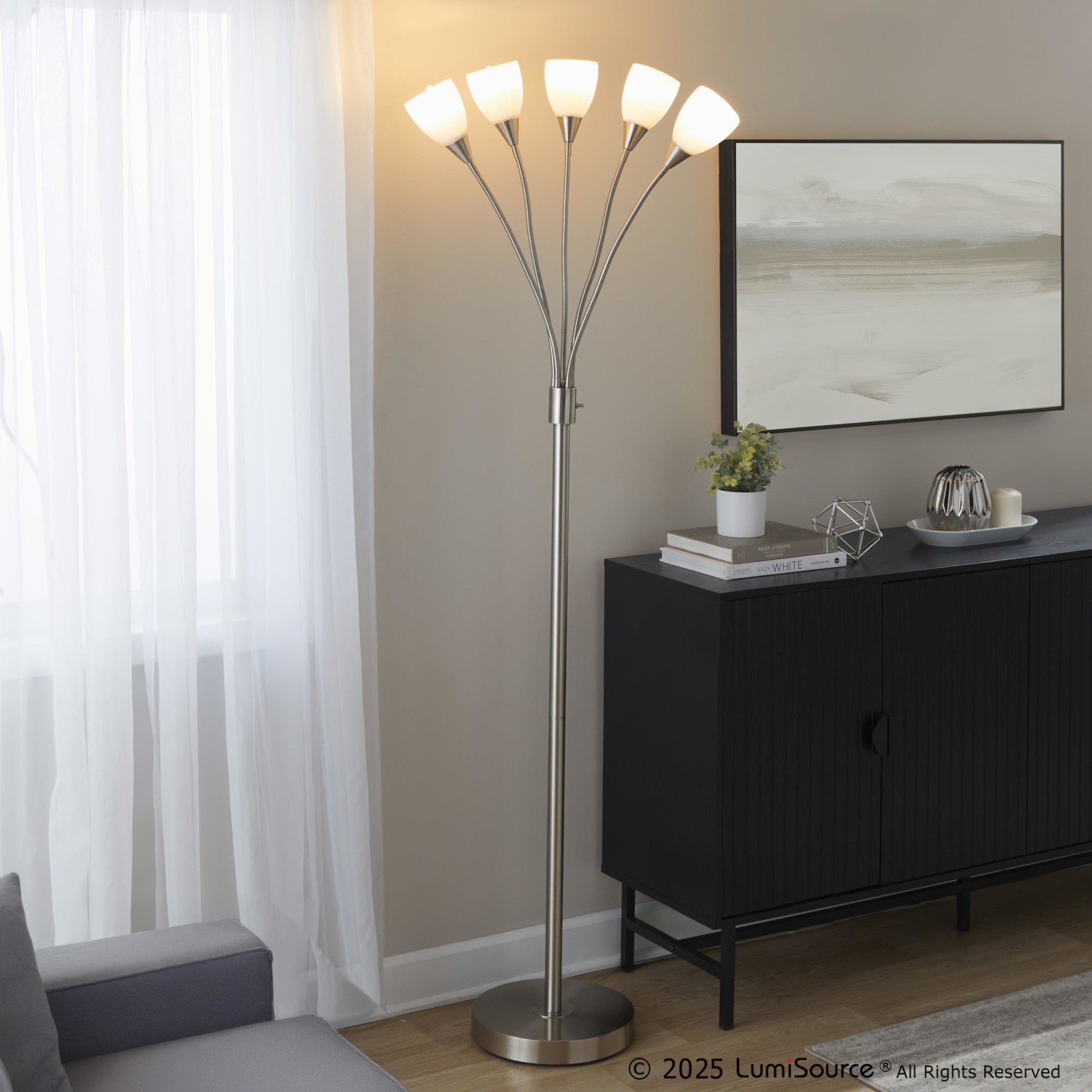 Medusa®  71" Metal Floor Lamp 5 Arm - Brushed Nickel Finish, White Glass