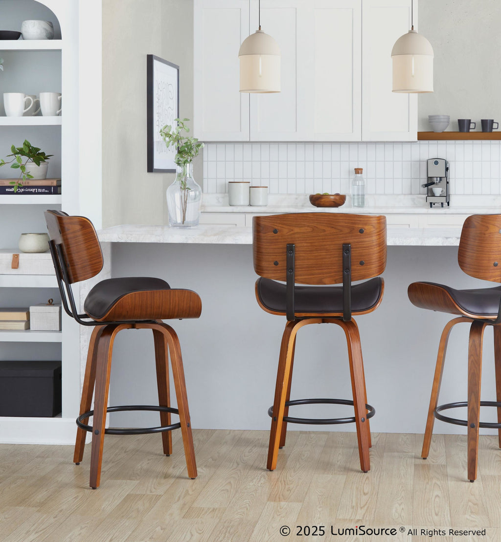 Lombardi 26" Fixed-Height Counter Stool - Set of 2 - Walnut Wood, Espresso PU, Black Metal