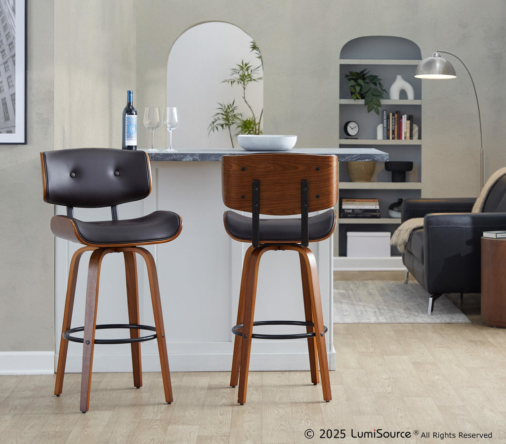 Lombardi 30" Fixed-Height Barstool - Set of 2 - Walnut Wood, Espresso PU, Black Metal