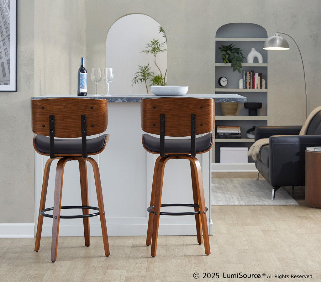 Lombardi 30" Fixed-Height Barstool - Set of 2 - Walnut Wood, Espresso PU, Black Metal