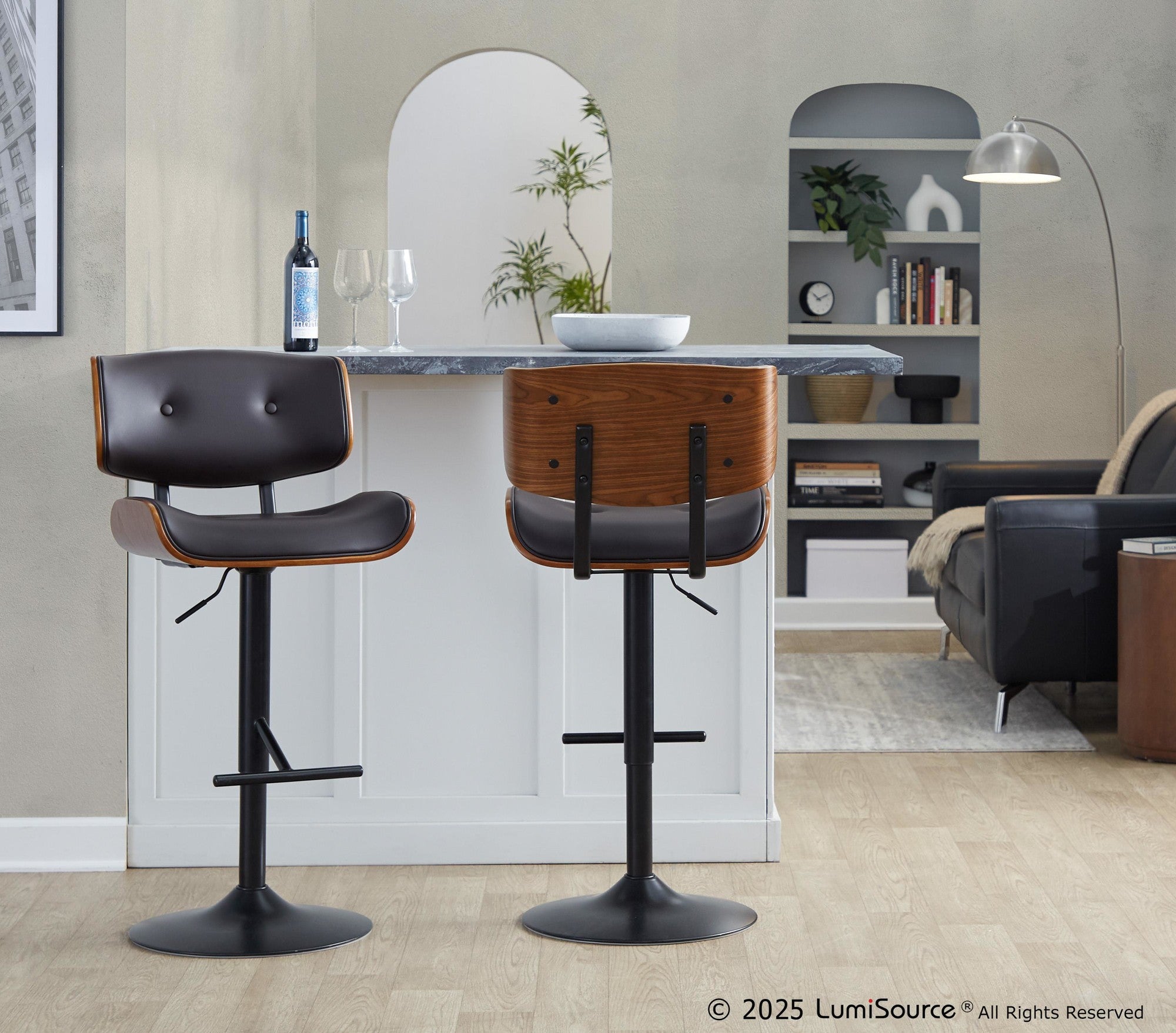 Lombardi Adjustable Barstool - Black Metal, Walnut Wood, Espresso PU