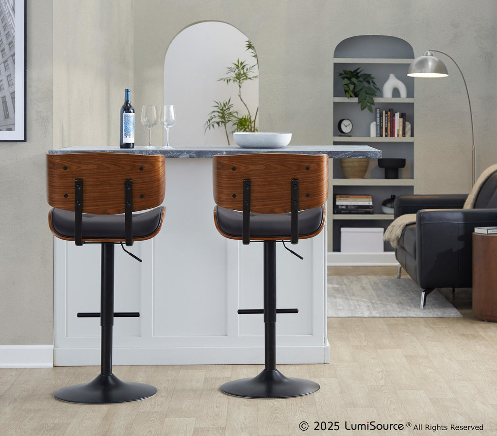 Lombardi Adjustable Barstool - Black Metal, Walnut Wood, Espresso PU