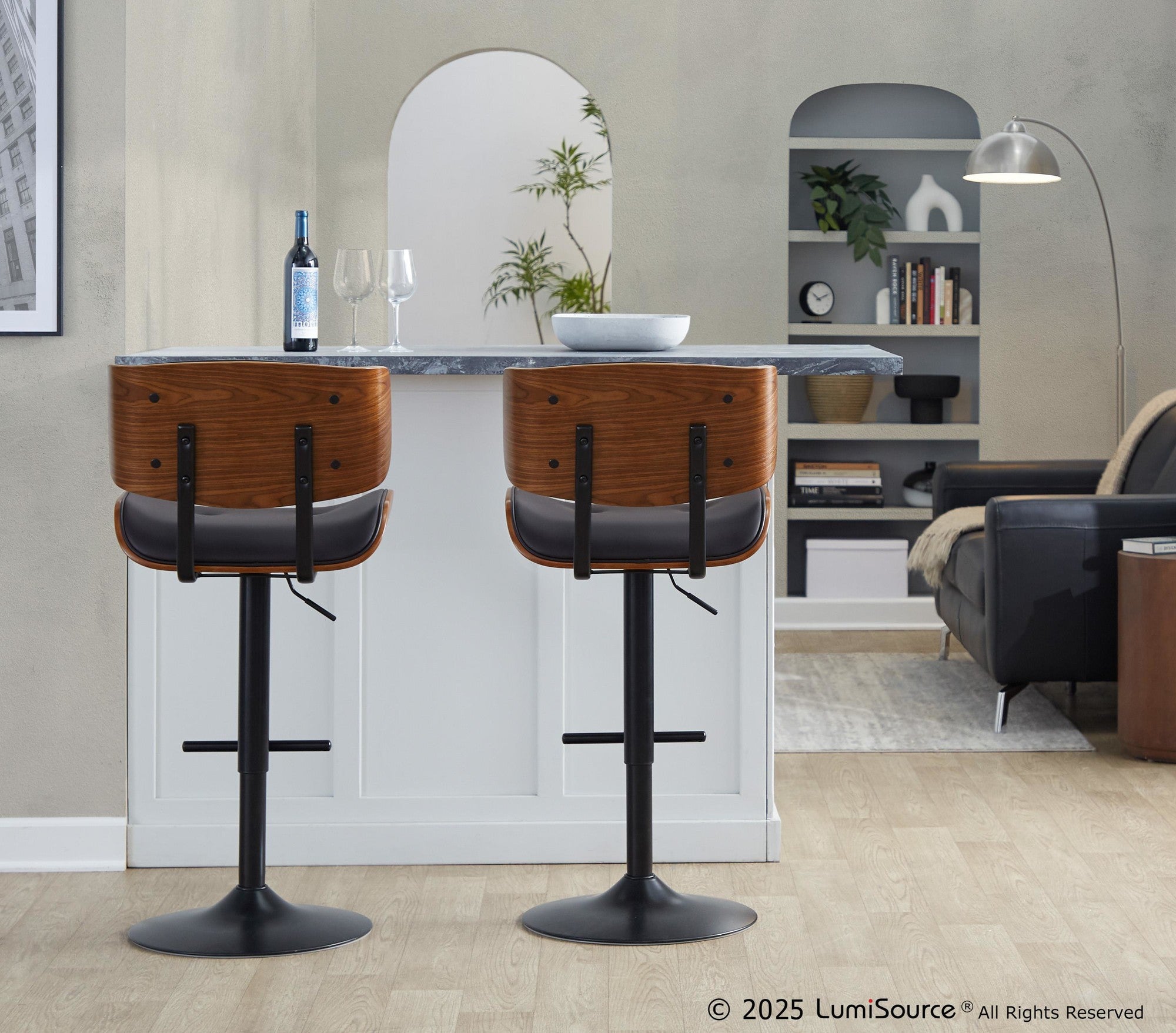 Lombardi Adjustable Barstool - Black Metal, Walnut Wood, Espresso PU