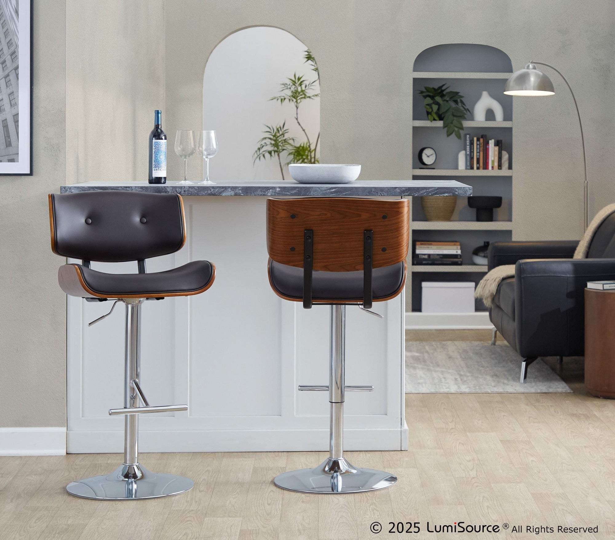 Lombardi Adjustable Barstool - Set of 2 - Chrome Metal, Walnut Wood, Espresso PU