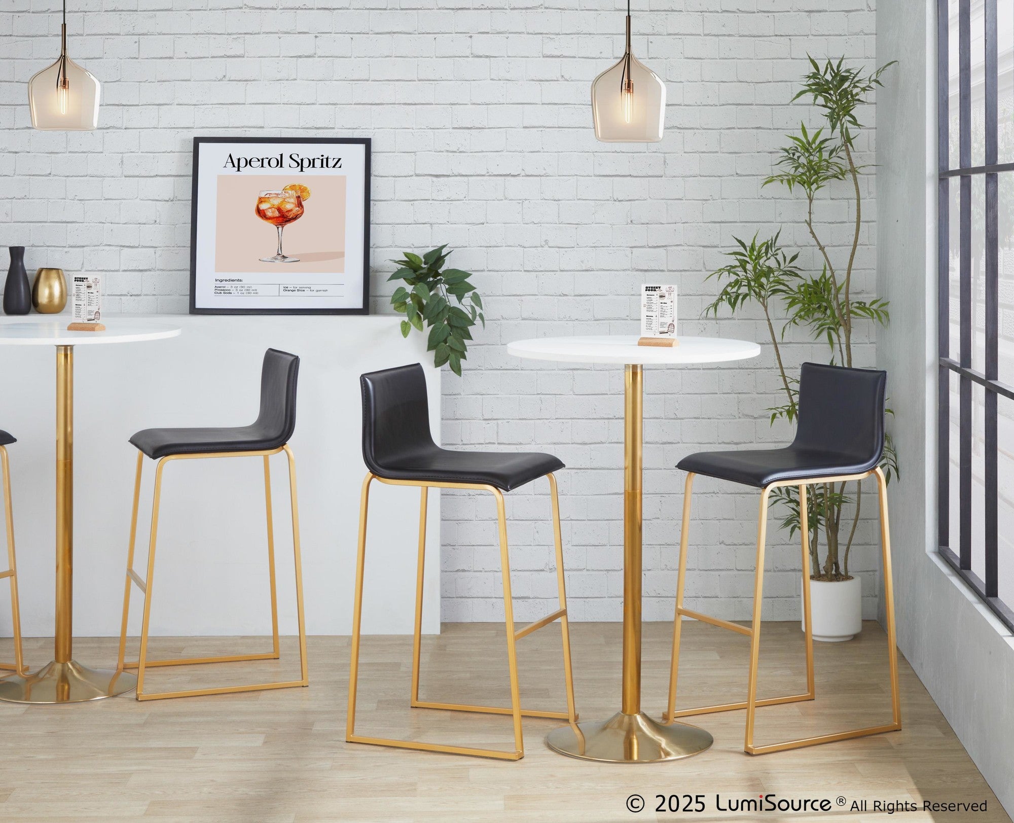 Mara 30" Fixed-Height Barstool - Set of 2 - Gold Steel, Black PU