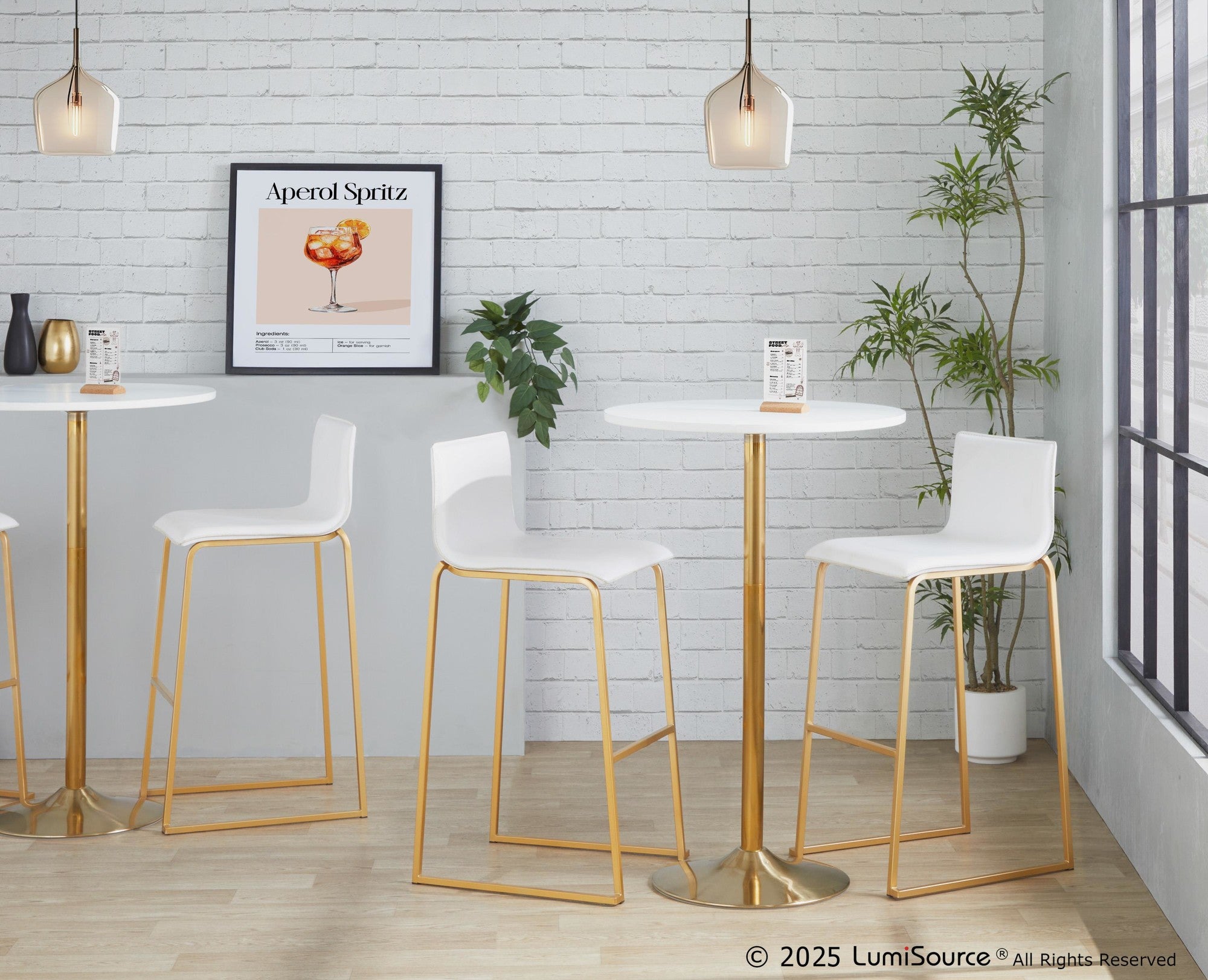 Mara 30" Fixed-Height Barstool - Set of 2 - Gold Steel, White PU