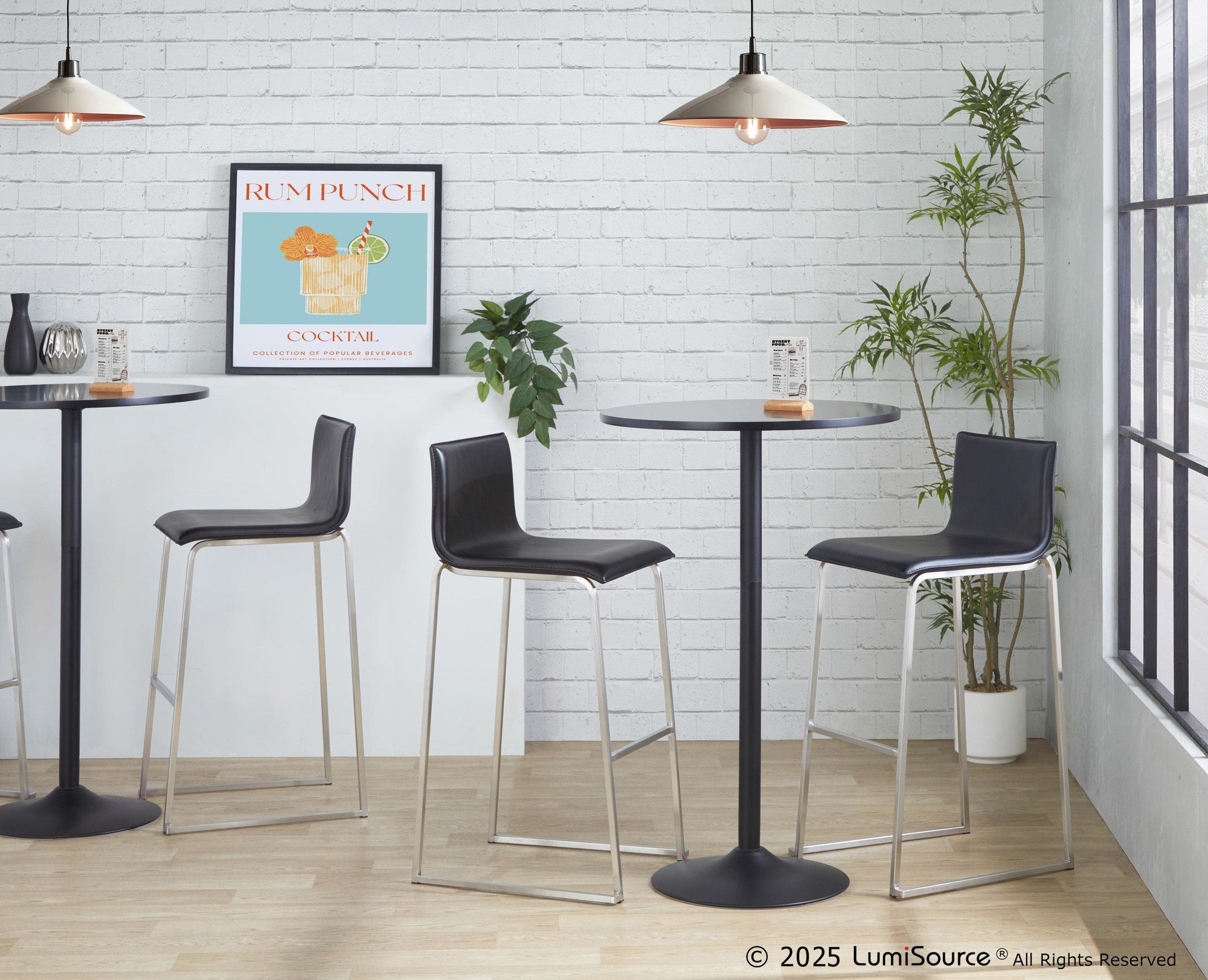 Mara 30" Fixed-Height Barstool - Set of 2 - Stainless Steel, Black PU
