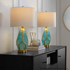 Geo Rain Glass 25" Table Lamp - Set of 2 - Gold Metal, Turquoise Glass, White Linen