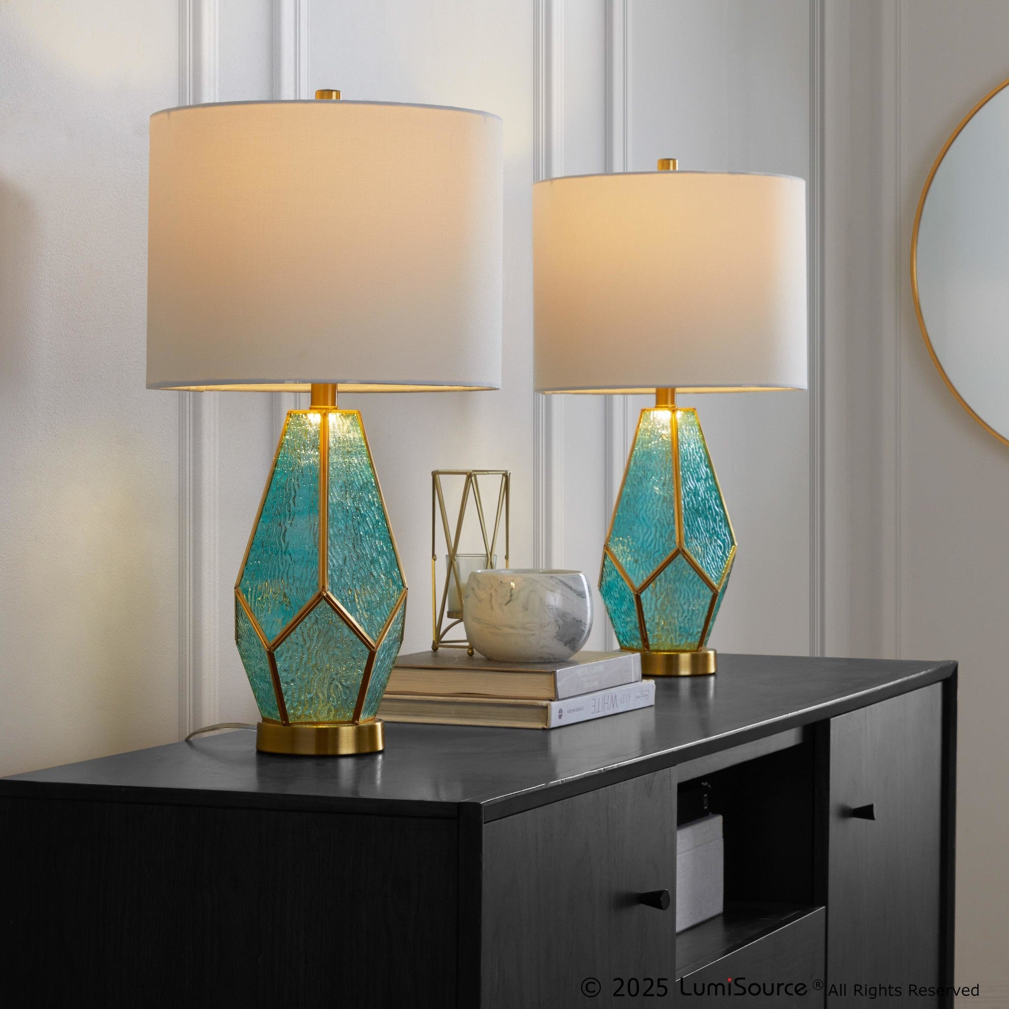 Geo Rain Glass 25" Table Lamp - Set of 2 - Gold Metal, Turquoise Glass, White Linen