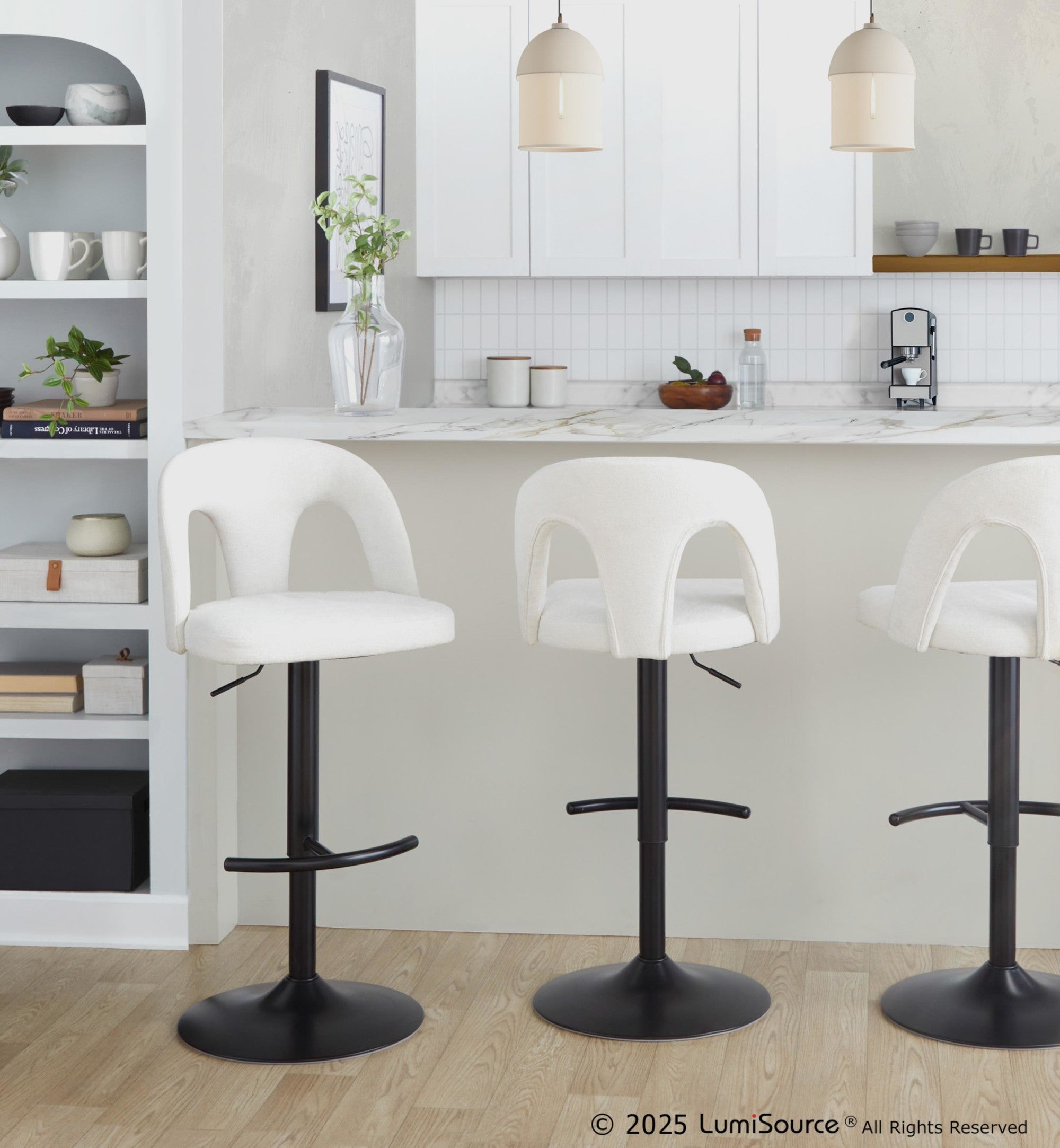 Ava Upholstered Adjustable Barstool - Set of 2 - Black Metal, Snow White Fabric