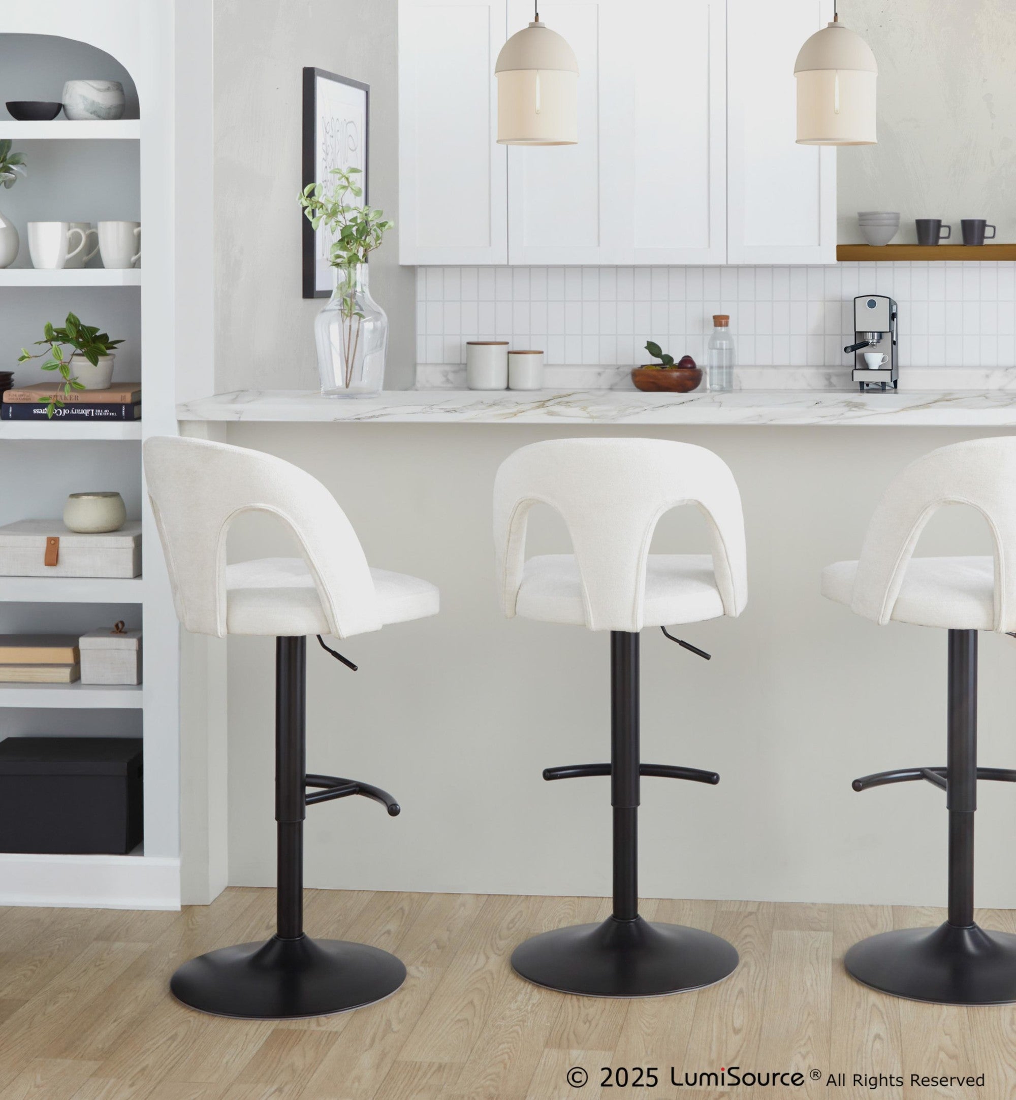 Ava Upholstered Adjustable Barstool - Set of 2 - Black Metal, Snow White Fabric