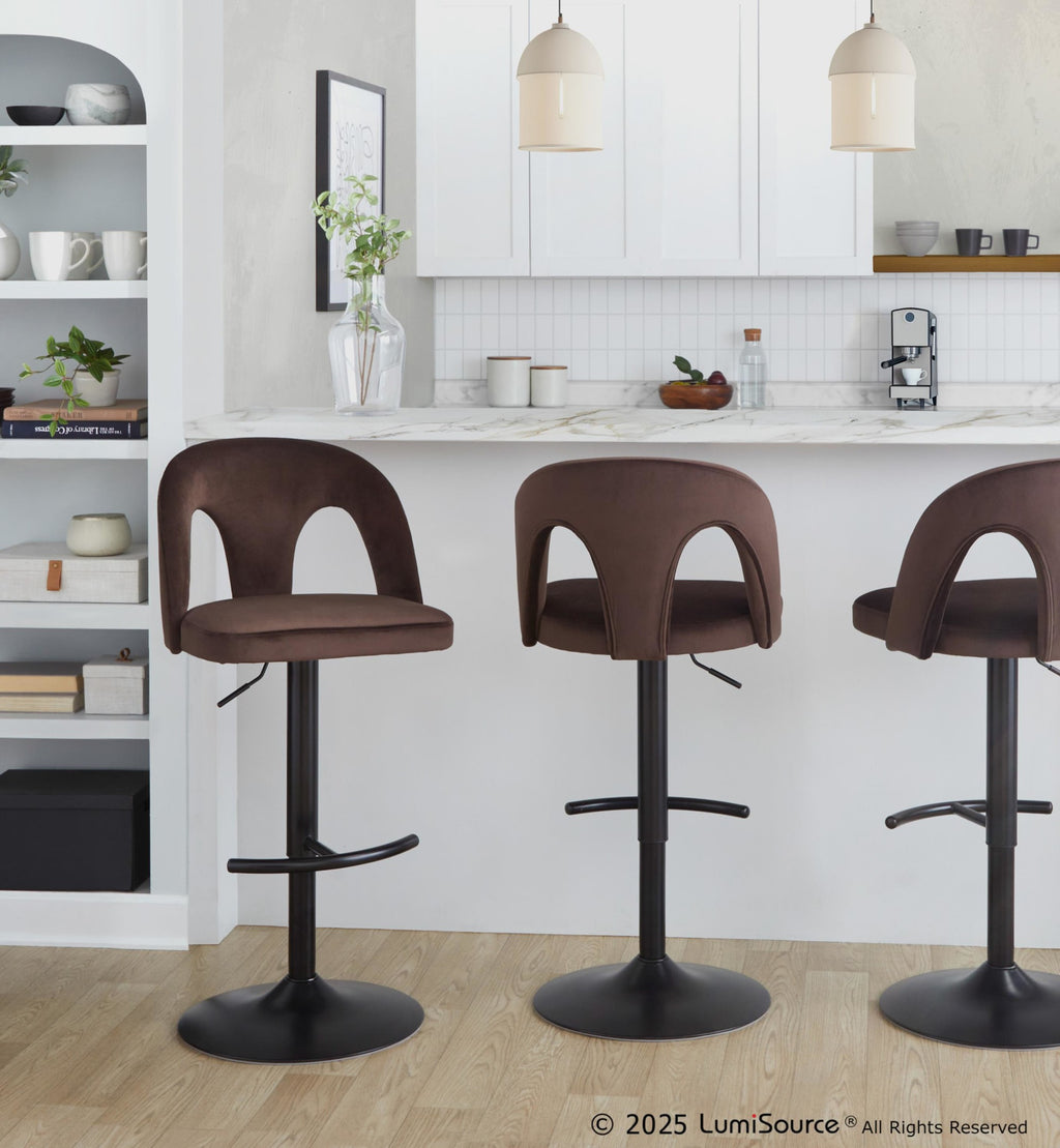 Ava Upholstered Adjustable Barstool - Set of 2 - Black Metal, Espresso Velvet