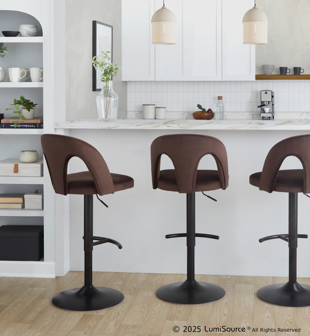 Ava Upholstered Adjustable Barstool - Set of 2 - Black Metal, Espresso Velvet