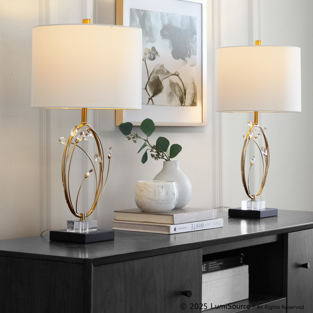 Crystal Buds 25" Table Lamp - Set of 2 - Black Metal, Clear Crystal, Gold Metal, Off-white Linen