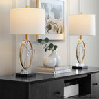 Crystal Buds 25" Table Lamp - Set of 2 - Black Metal, Clear Crystal, Gold Metal, Off-white Linen