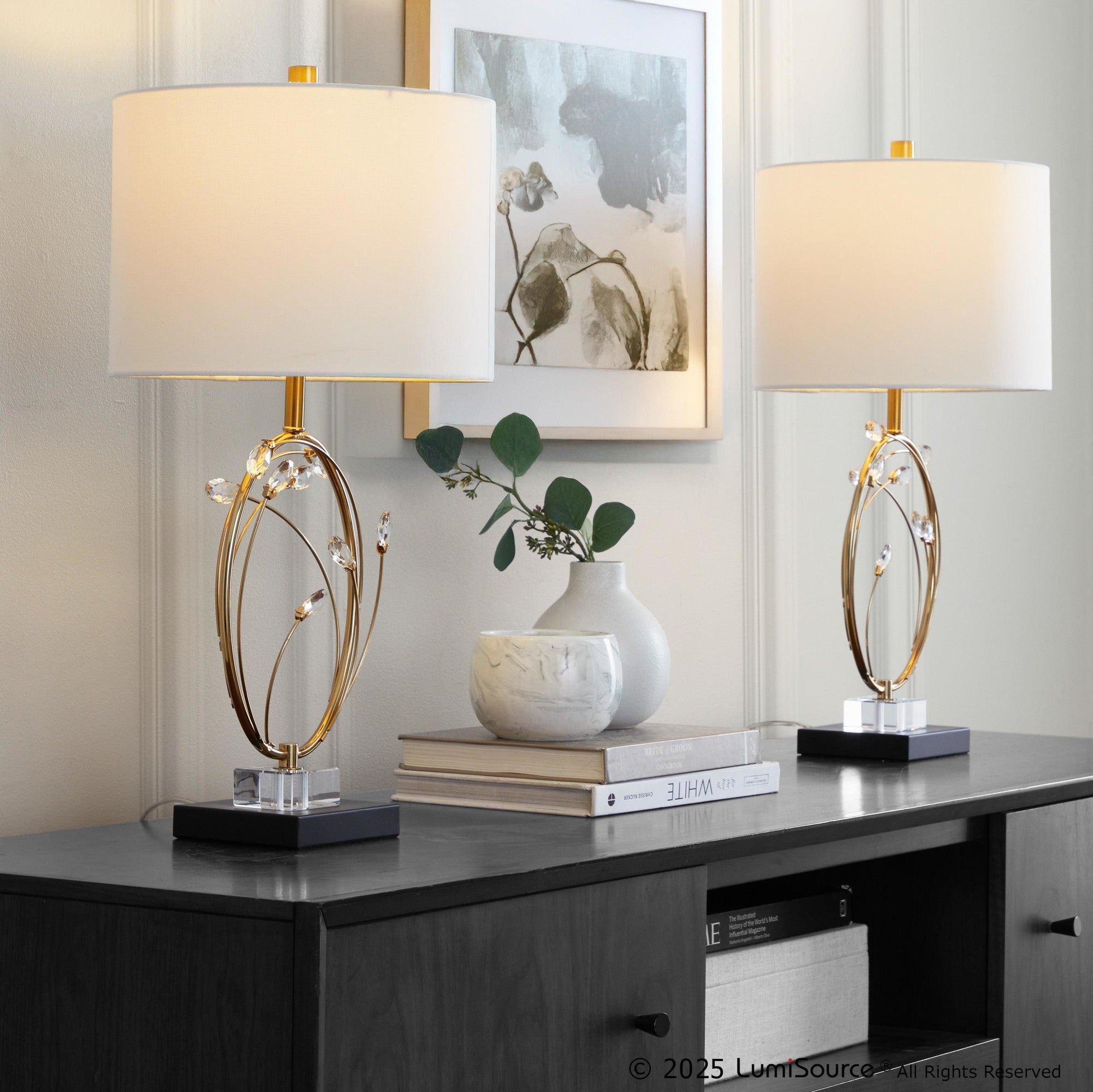Crystal Buds 25" Table Lamp - Set of 2 - Black Metal, Clear Crystal, Gold Metal, Off-white Linen
