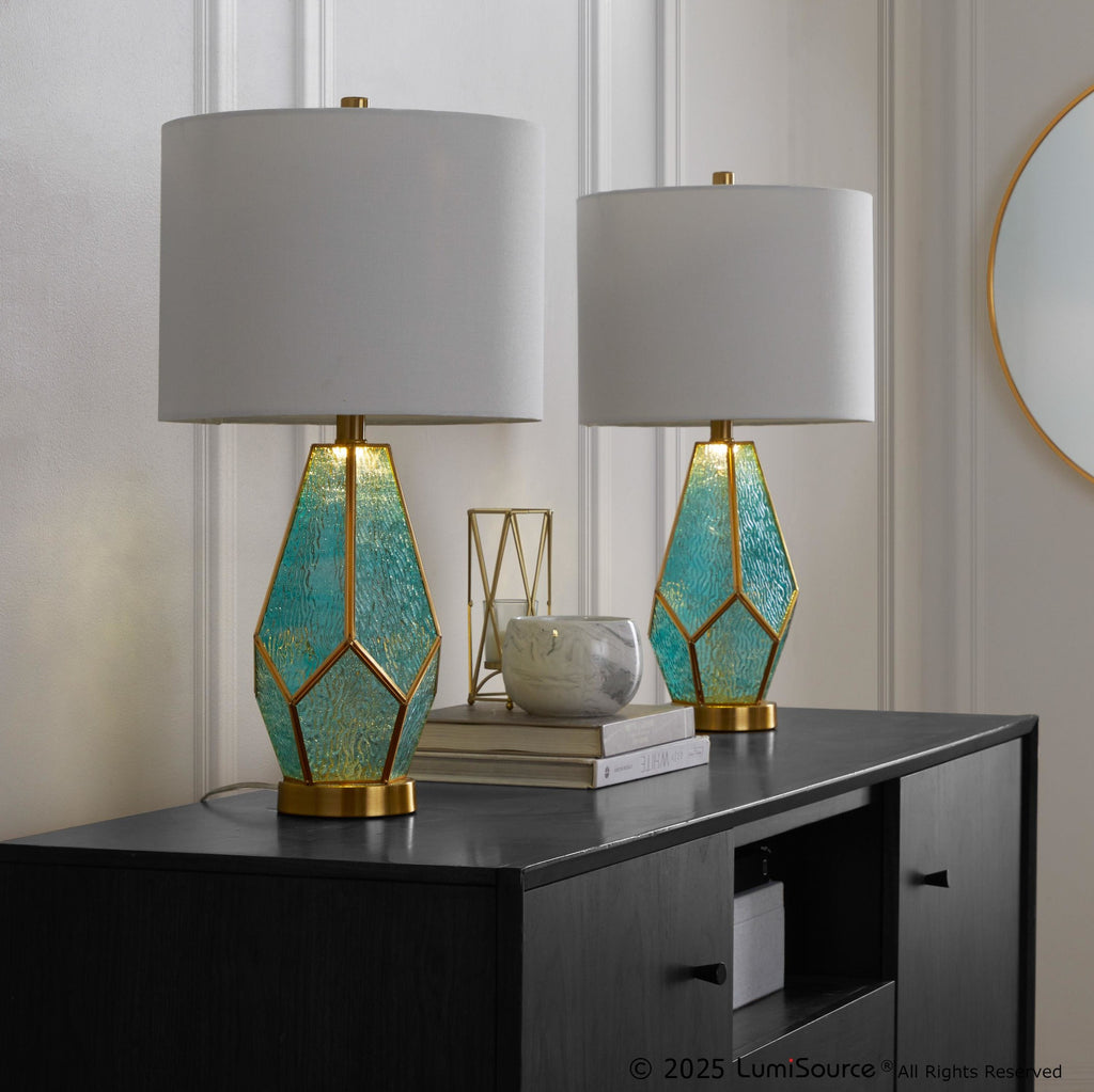 Geo Rain Glass 25" Table Lamp - Set of 2 - Gold Metal, Turquoise Glass, White Linen
