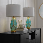 Geo Rain Glass 25" Table Lamp - Set of 2 - Gold Metal, Turquoise Glass, White Linen