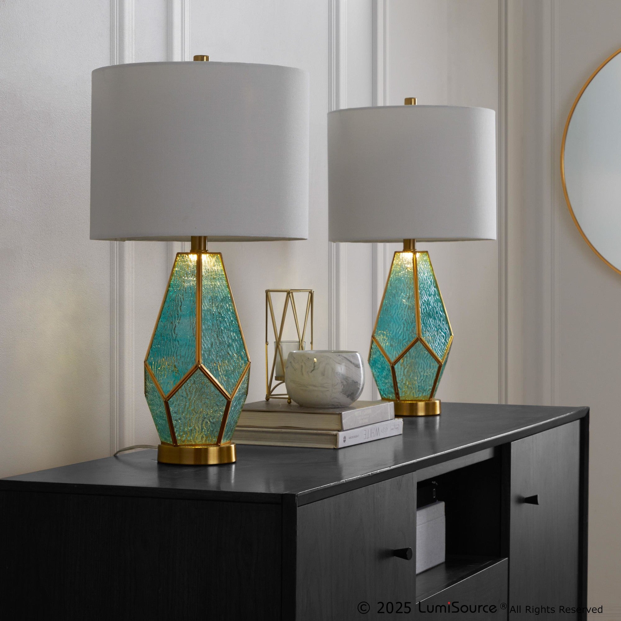 Geo Rain Glass 25" Table Lamp - Set of 2 - Gold Metal, Turquoise Glass, White Linen