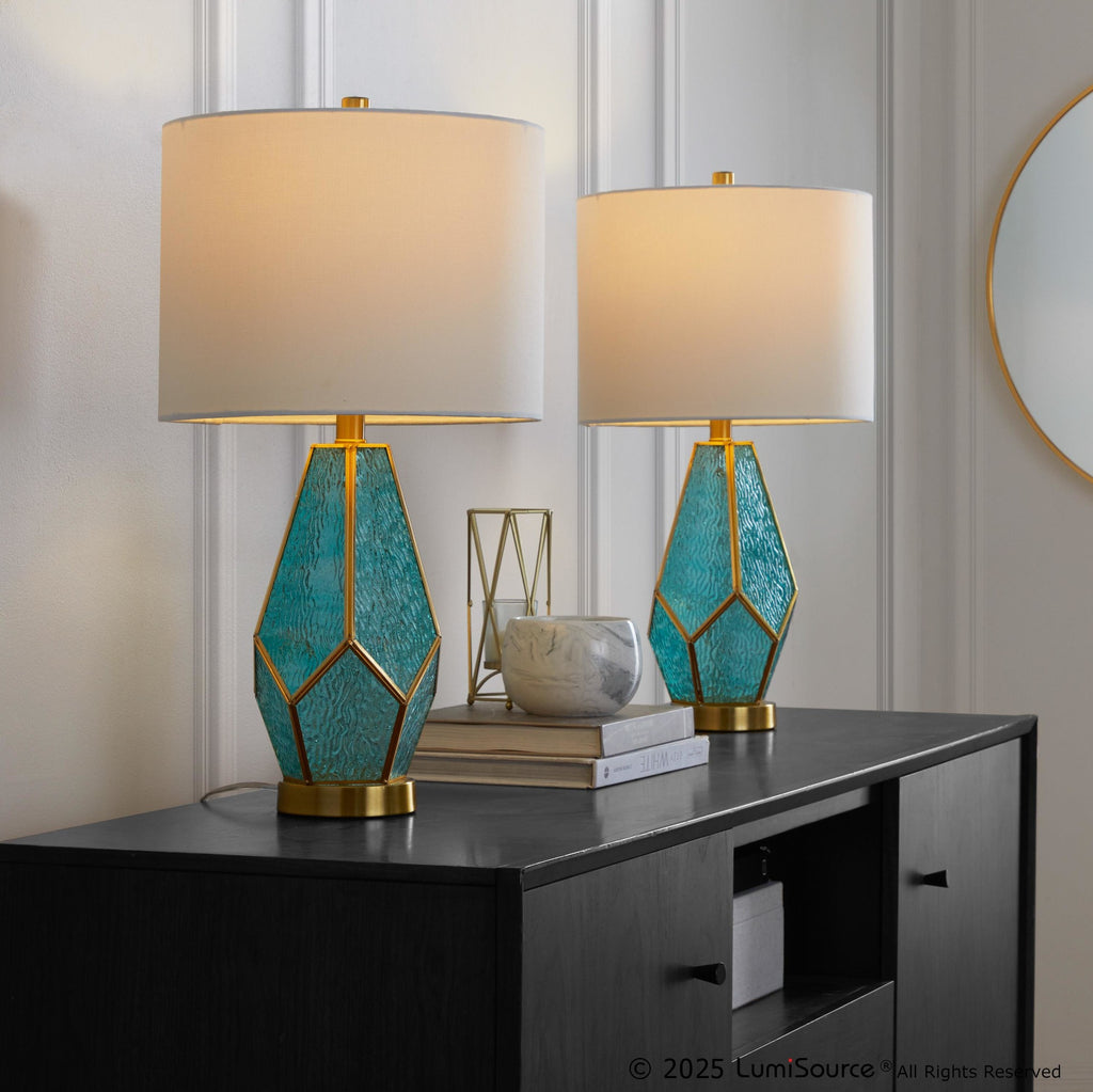 Geo Rain Glass 25" Table Lamp - Set of 2 - Gold Metal, Turquoise Glass, White Linen