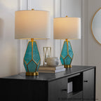 Geo Rain Glass 25" Table Lamp - Set of 2 - Gold Metal, Turquoise Glass, White Linen