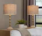 Malibu 27" Table Lamp - Set of 2 - Travertine, Gold Metal, Tan Leaf Shade
