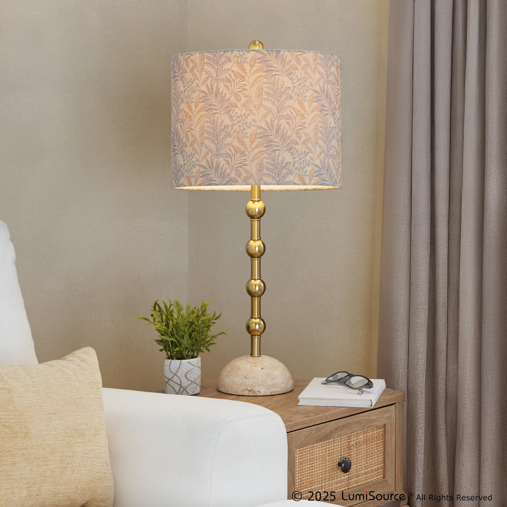 Malibu 27" Table Lamp - Set of 2 - Travertine, Gold Metal, Tan Leaf Shade