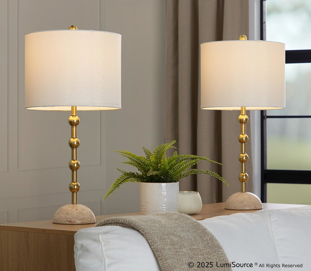 Malibu 27" Table Lamp - Set of 2 - Travertine, Gold Metal, Off-white Shimmer Shade
