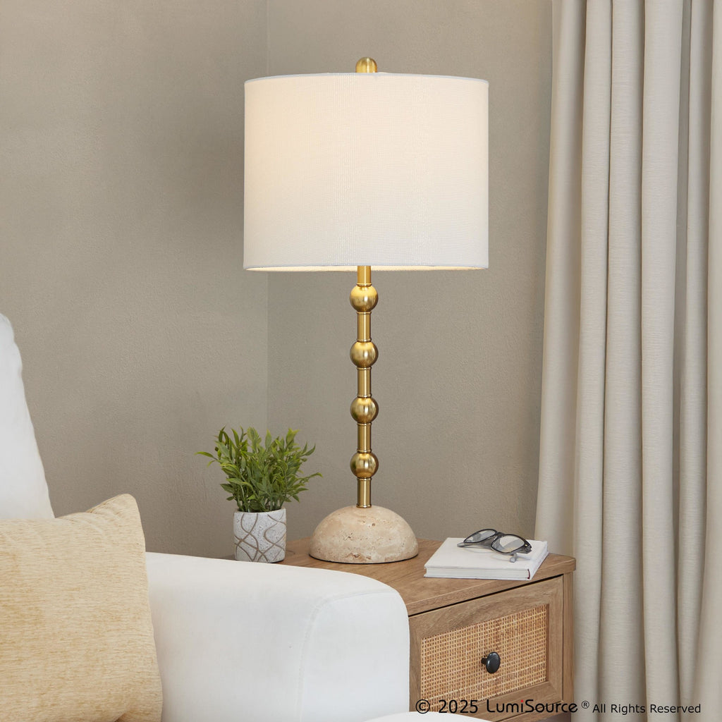 Malibu 27" Table Lamp - Set of 2 - Travertine, Gold Metal, Off-white Shimmer Shade