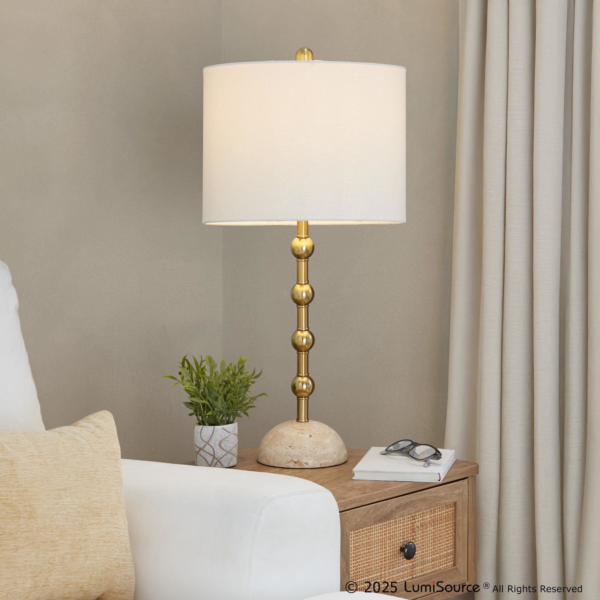 Malibu 27" Table Lamp - Set of 2 - Travertine, Gold Metal, Off-white Shimmer Shade