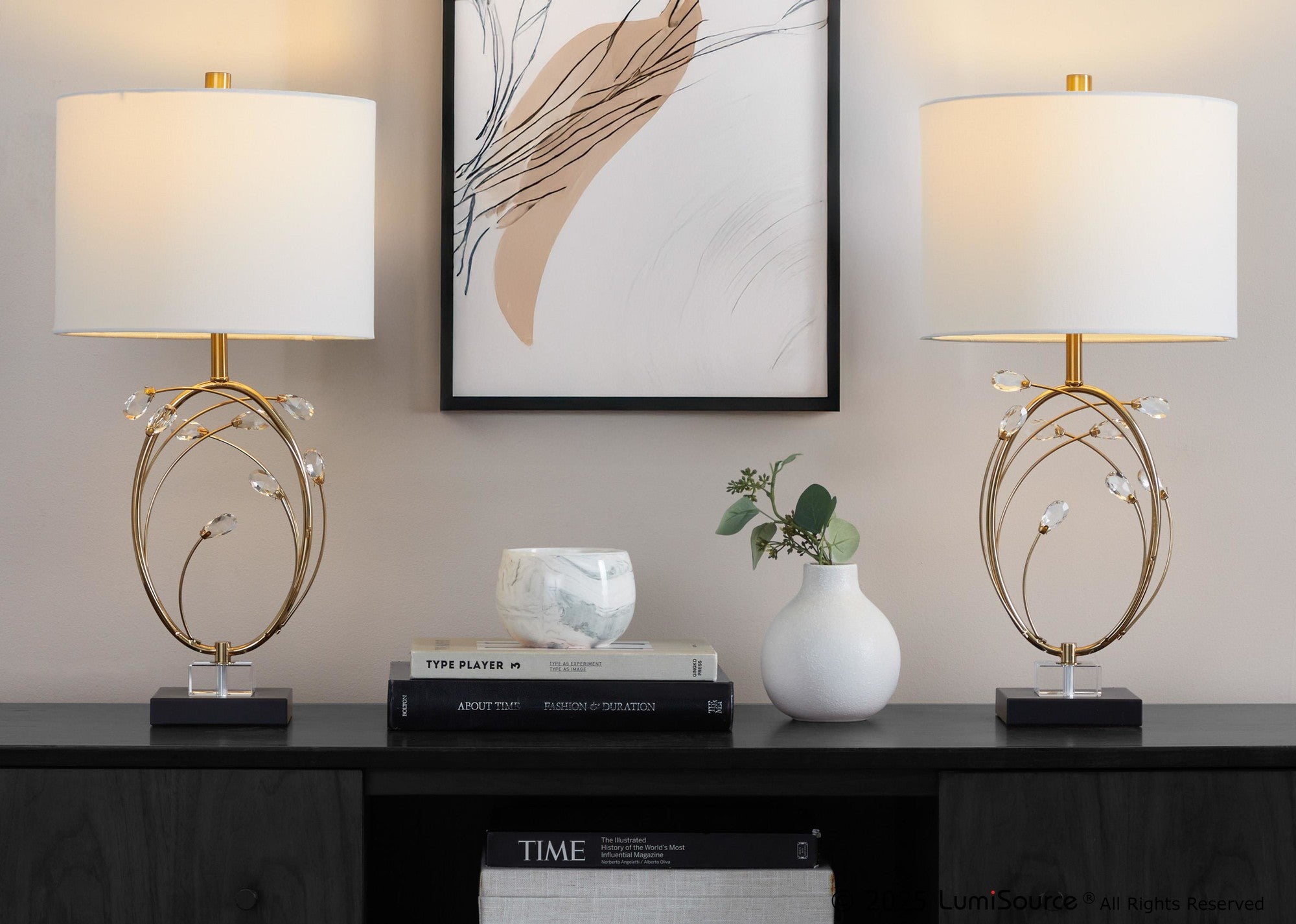 Crystal Buds 25" Table Lamp - Set of 2 - Black Metal, Clear Crystal, Gold Metal, Off-white Linen