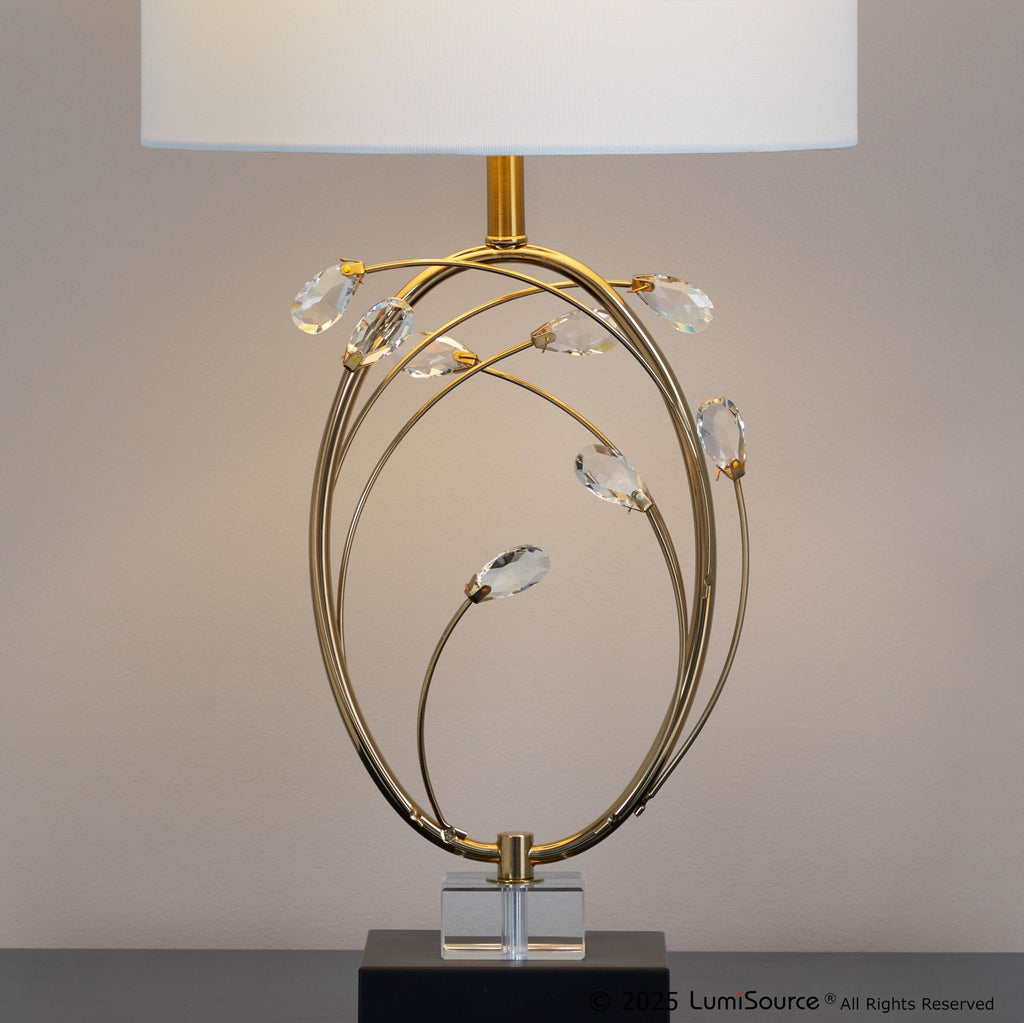 Crystal Buds 25" Table Lamp - Set of 2 - Black Metal, Clear Crystal, Gold Metal, Off-white Linen