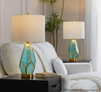 Geo Rain Glass 25" Table Lamp - Set of 2 - Gold Metal, Turquoise Glass, White Linen